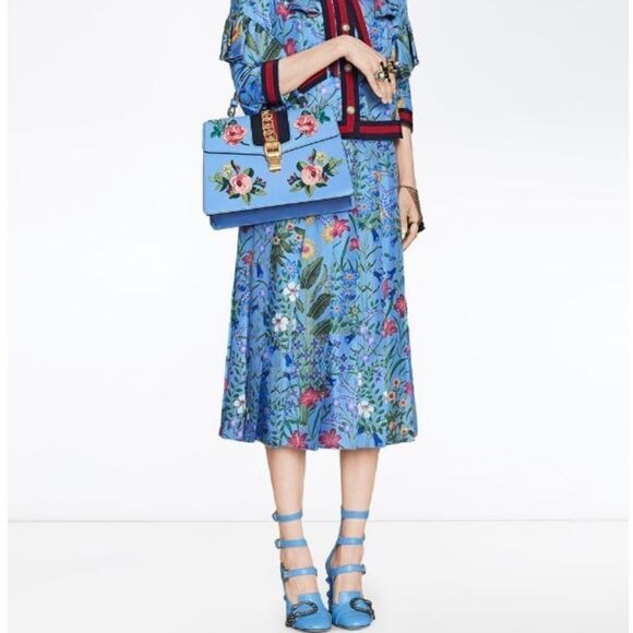 Gucci Blue Flora Ruffled Silk Blouse Jacket Navy Red Web Trim & GG Buttons SZ S - Picture 5 of 8